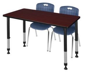 Kee 48" x 24" Height Adjustable Classroom Table  - Mahogany & 2 Andy 18-in Stack Chairs - Navy Blue