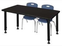 Kee 48" x 24" Height Adjustable Classroom Table  - Mocha Walnut & 2 Andy 12-in Stack Chairs - Navy Blue