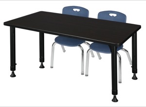 Kee 48" x 24" Height Adjustable Classroom Table  - Mocha Walnut & 2 Andy 12-in Stack Chairs - Navy Blue