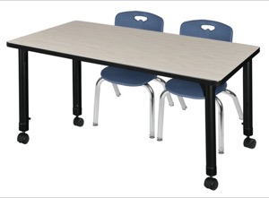 Kee 48" x 24" Height Adjustable Mobile Classroom Table  - Maple & 2 Andy 12-in Stack Chairs - Navy Blue