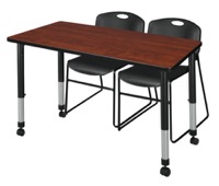 Kee 48" x 30" Height Adjustable Mobile Classroom Table  - Cherry & 2 Zeng Stack Chairs - Black