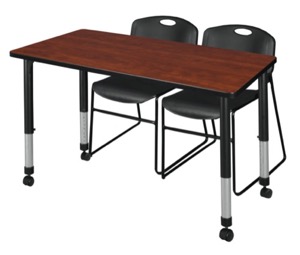 Kee 48" x 30" Height Adjustable Mobile Classroom Table  - Cherry & 2 Zeng Stack Chairs - Black