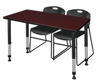 Kee 48" x 30" Height Adjustable Classroom Table  - Mahogany & 2 Zeng Stack Chairs - Black