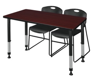 Kee 48" x 30" Height Adjustable Classroom Table  - Mahogany & 2 Zeng Stack Chairs - Black