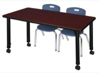 Kee 48" x 30" Height Adjustable Mobile Classroom Table  - Mahogany & 2 Andy 12-in Stack Chairs - Navy Blue