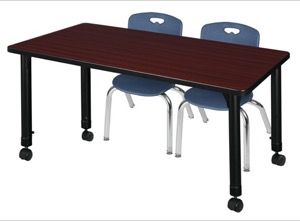 Kee 48" x 30" Height Adjustable Mobile Classroom Table  - Mahogany & 2 Andy 12-in Stack Chairs - Navy Blue