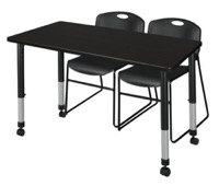 Kee 48" x 30" Height Adjustable Mobile Classroom Table  - Mocha Walnut & 2 Zeng Stack Chairs - Black