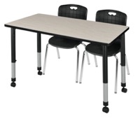 Kee 48" x 30" Height Adjustable Mobile Classroom Table  - Maple & 2 Andy 18-in Stack Chairs - Black