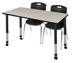 Kee 48" x 30" Height Adjustable Mobile Classroom Table  - Maple & 2 Andy 18-in Stack Chairs - Black