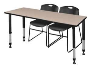 Kee 60" x 24" Height Adjustable Classroom Table  - Beige & 2 Zeng Stack Chairs - Black 