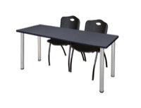 60" x 24" Kee Training Table - Grey/ Chrome & 2 'M' Stack Chairs - Black