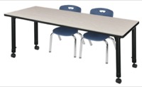 Kee 60" x 24" Height Adjustable Mobile Classroom Table  - Maple & 2 Andy 12-in Stack Chairs - Navy Blue