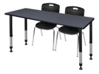 Kee 60" x 30" Height Adjustable Classroom Table  - Grey & 2 Andy 18-in Stack Chairs - Black