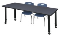 Kee 60" x 30" Height Adjustable Mobile Classroom Table  - Grey & 2 Andy 12-in Stack Chairs - Navy Blue