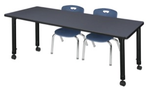 Kee 60" x 30" Height Adjustable Mobile Classroom Table  - Grey & 2 Andy 12-in Stack Chairs - Navy Blue