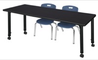 Kee 60" x 30" Height Adjustable Mobile Classroom Table  - Mocha Walnut & 2 Andy 12-in Stack Chairs - Navy Blue