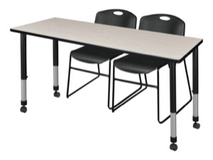 Kee 60" x 30" Height Adjustable Mobile Classroom Table  - Maple & 2 Zeng Stack Chairs - Black