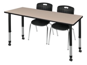 Kee 66" x 24" Height Adjustable Mobile Classroom Table  - Beige & 2 Andy 18-in Stack Chairs - Black