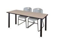 66" x 24" Kee Training Table - Beige/ Black & 2 Zeng Stack Chairs - Grey