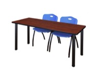 66" x 24" Kee Training Table - Cherry/ Black & 2 'M' Stack Chairs - Blue
