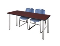 66" x 24" Kee Training Table - Mahogany/ Chrome & 2 Zeng Stack Chairs - Blue