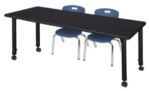 Kee 66" x 24" Height Adjustable Mobile Classroom Table  - Mocha Walnut & 2 Andy 12-in Stack Chairs - Navy Blue