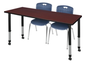 Kee 66" x 30" Height Adjustable Mobile Classroom Table  - Mahogany & 2 Andy 18-in Stack Chairs - Navy Blue