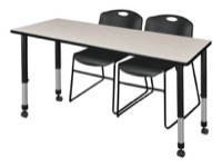 Kee 66" x 30" Height Adjustable Mobile Classroom Table  - Maple & 2 Zeng Stack Chairs - Black