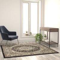 Mersin Collection - Medallion Motif 5' x 5' Square Area Rug - Black