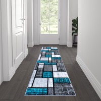 Raven Collection - Contemporary 2' x 7' Turquoise Color Blocked Area Rug - Turquoise