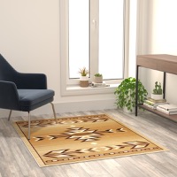 Lodi Collection - Southwestern Geometric 4' x 5' Accent Rug - Beige