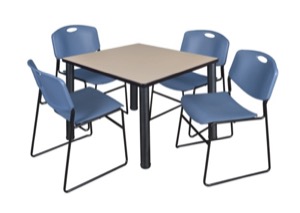 Kee 36" Square Breakroom Table - Beige/ Black & 4 Zeng Stack Chairs - Blue