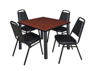 Kee 36" Square Breakroom Table - Cherry/ Black & 4 Restaurant Stack Chairs - Black