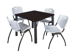 Kee 36" Square Breakroom Table - Mocha Walnut/ Black & 4 'M' Stack Chairs - Grey