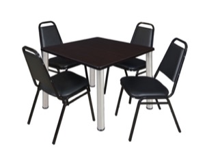 Kee 36" Square Breakroom Table - Mocha Walnut/ Chrome & 4 Restaurant Stack Chairs - Black