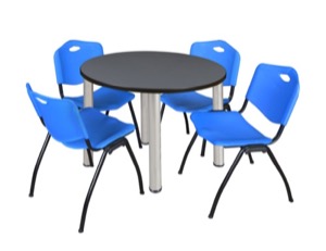 Kee 36" Round Breakroom Table - Grey/ Chrome & 4 'M' Stack Chairs - Blue