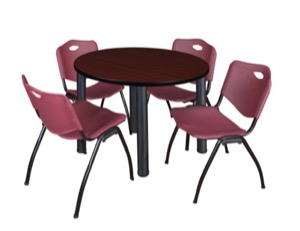 Kee 36" Round Breakroom Table - Mahogany/ Black & 4 'M' Stack Chairs - Burgundy