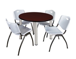 Kee 36" Round Breakroom Table - Mahogany/ Chrome & 4 'M' Stack Chairs - Grey