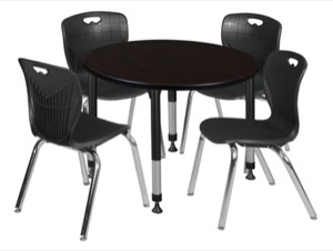 Kee 36" Round Height Adjustable Classroom Table  - Mocha Walnut & 4 Andy 18-in Stack Chairs - Black