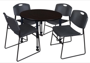 Kee 36" Round Height Adjustable Mobile Classroom Table  - Mocha Walnut & 4 Zeng Stack Chairs - Black