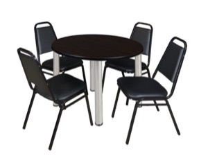 Kee 36" Round Breakroom Table - Mocha Walnut/ Chrome & 4 Restaurant Stack Chairs - Black