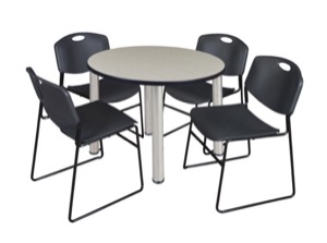 Kee 36" Round Breakroom Table - Maple/ Chrome & 4 Zeng Stack Chairs - Black