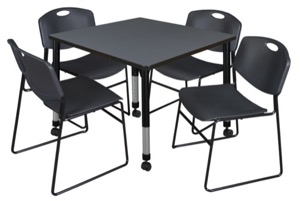 Kee 42" Square Height Adjustable Mobile Classroom Table  - Grey & 4 Zeng Stack Chairs - Black 