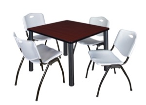 Kee 42" Square Breakroom Table - Mahogany/ Black & 4 'M' Stack Chairs - Grey