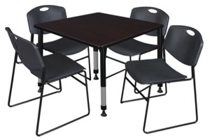 Kee 42" Square Height Adjustable Classroom Table  - Mocha Walnut & 4 Zeng Stack Chairs - Black