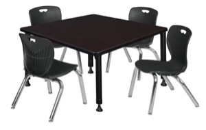 Kee 42" Square Height Adjustable Classroom Table  - Mocha Walnut & 4 Andy 12-in Stack Chairs - Black