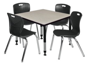 Kee 42" Square Height Adjustable Classroom Table  - Maple & 4 Andy 18-in Stack Chairs - Black