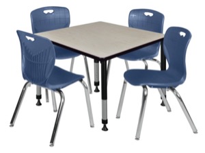 Kee 42" Square Height Adjustable Classroom Table  - Maple & 4 Andy 18-in Stack Chairs - Navy Blue