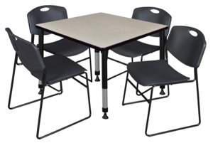 Kee 42" Square Height Adjustable Classroom Table  - Maple & 4 Zeng Stack Chairs - Black