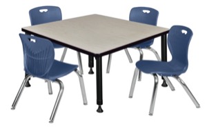 Kee 42" Square Height Adjustable Classroom Table  - Maple & 4 Andy 12-in Stack Chairs - Navy Blue